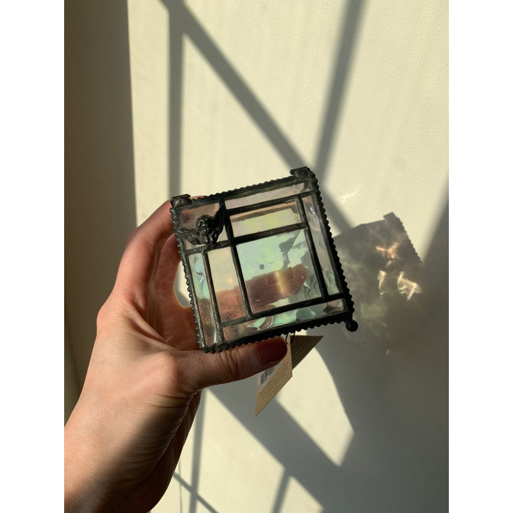 Vintage NWT Iridescent Glass Cherub Trinket Box